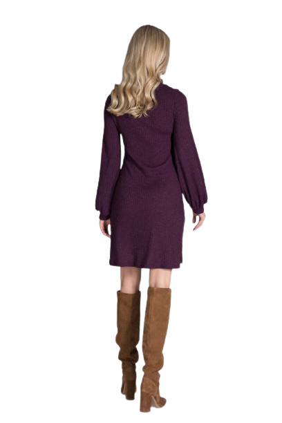 Sukienka Midi - Z Golfem Długi Rękaw Lejąca Prążkowana - fioletowa